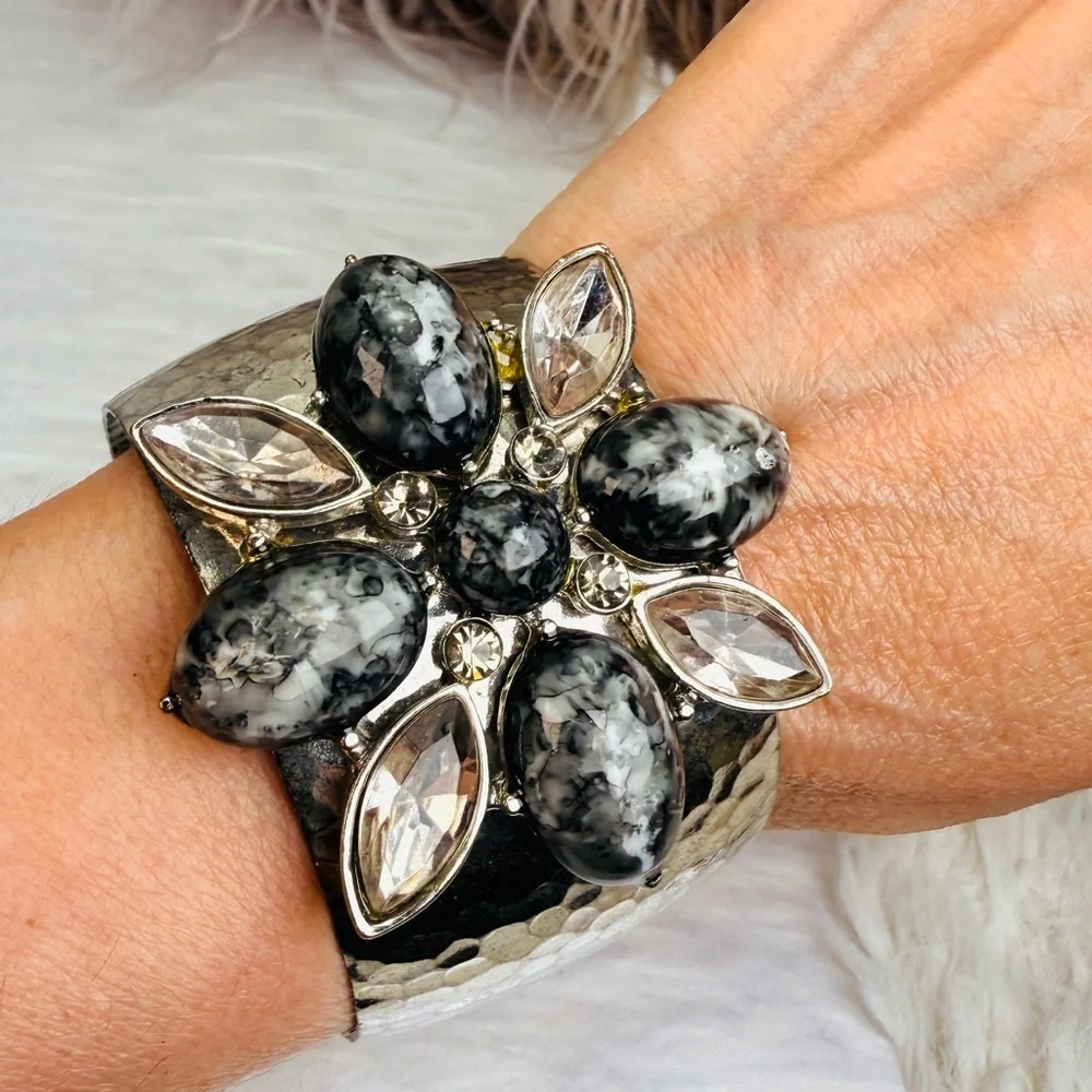 Vintage aged, Silvertone oxidized, colored accent, large cuff, runway bracelet